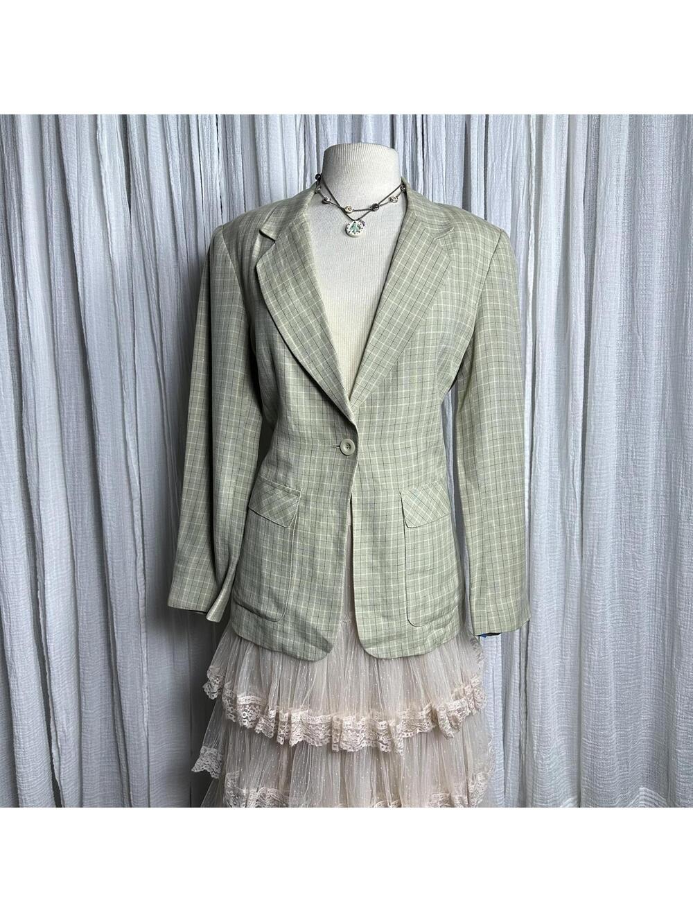 Cottage Preppy Twee Academia Light green Plaid Women's Blazer (8)